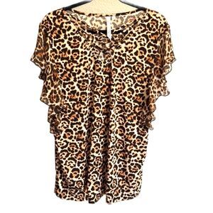 NY Collection Leopard Print Blouse 1X Plus Size Ruffle Sleeve Animal Print